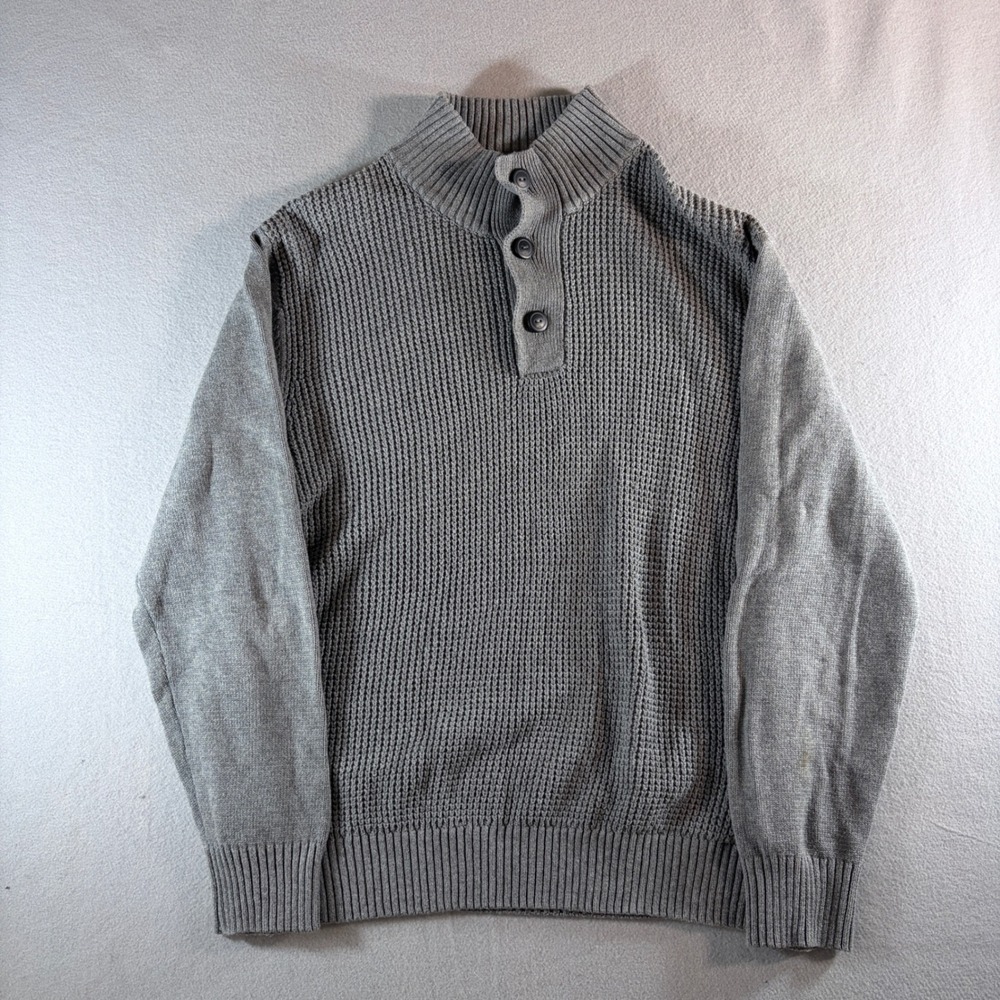 Weatherproof Vintage Mens Grey Waffle Knit Mock Neck‎ Button Sweater Large